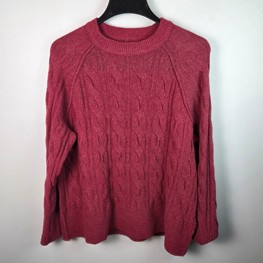 Aerie Cable Knit Sweater Womens S Red Raglan‎ Crewneck Pullover Cozy
